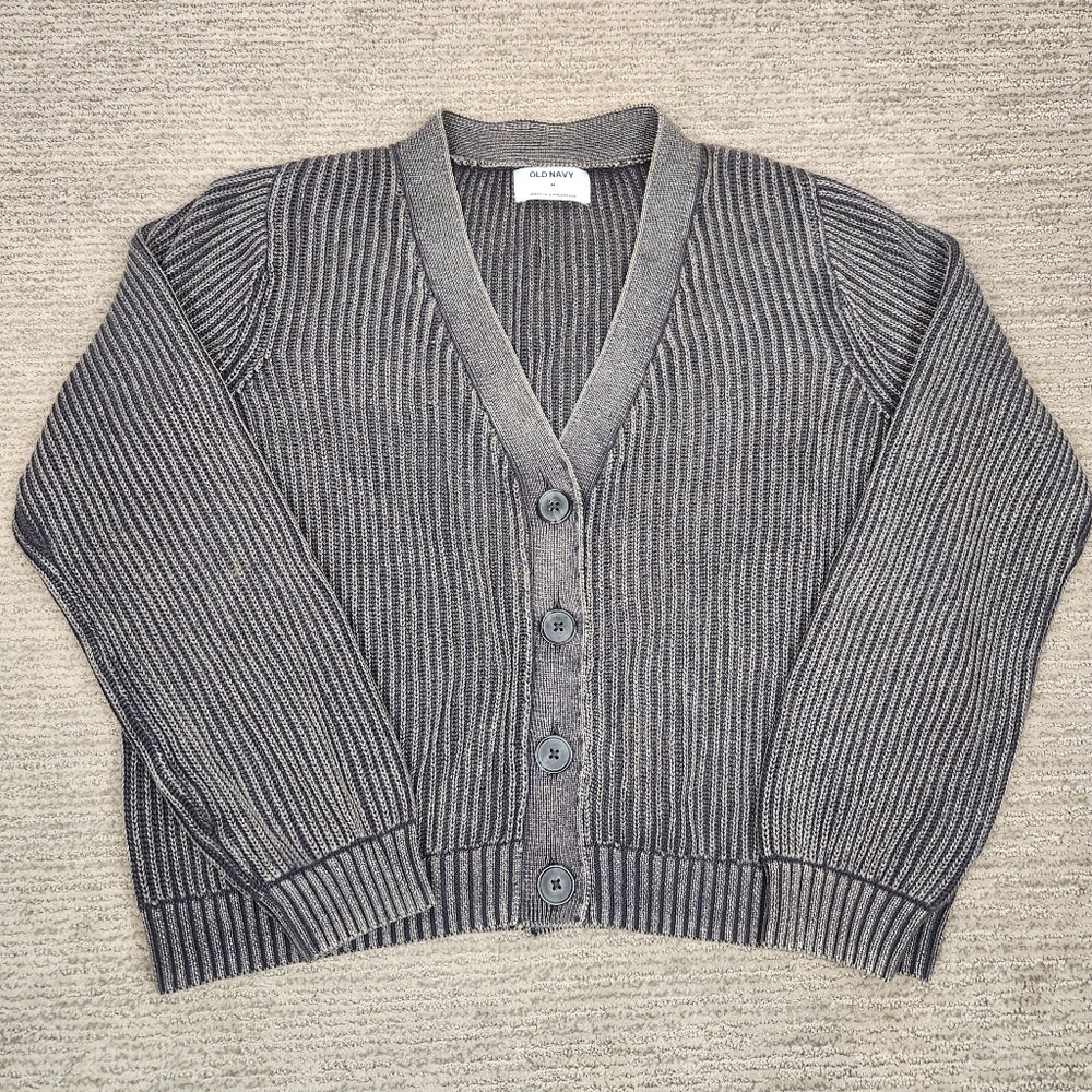 Old Navy Chunky Ribbed Button Cardigan Womens M Gray Cropped V-Neck Neutral